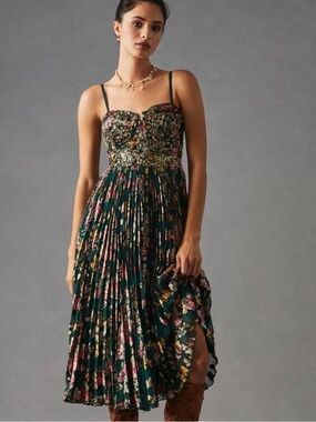 Floral Pleated Midi Dress with Spaghetti Straps in Dark Green